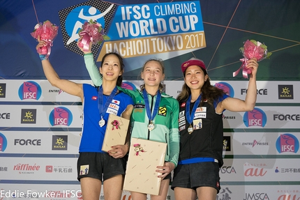 Bouldering World Cup 2017, Hachioji - Tokyo - Female podium of Bouldering World Cup 2017 at Hachioji - Tokyo in Japan: 2. Akiyo Noguchi 1. Janja Garnbret 3. Miho Nonaka