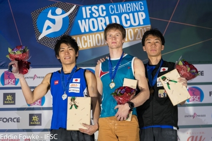 Bouldering World Cup 2017, Hachioji - Tokyo - Male podium of Bouldering World Cup 2017 at Hachioji - Tokyo in Japane: 2. Tomoa Nagasaki 1. Aleksei Rubtsov 3. Keita Watabe