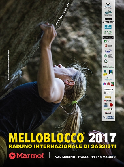 Mellobloco 2017 - La locandina del Mellobloco 2017, il raduno di arrampicata boulder che si svolgerà in Val Masino e Val di Mello dal 11 – 14 maggio 2017