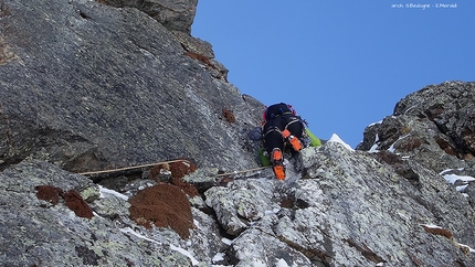 Monte Foscagno, Vallaccia Corta, Alta Valtellina, Eraldo Meraldi, Stefano Bedognè - Eraldo Meraldi e Stefano Bedognè il 08/04/2017 durante la prima salita di 'Magic Line' sulla parete nord del Monte Foscagno (Alpi Retiche)