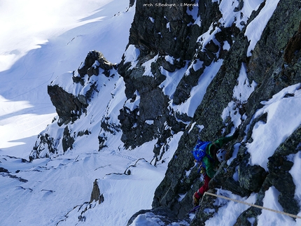 Monte Foscagno, Vallaccia Corta, Alta Valtellina, Eraldo Meraldi, Stefano Bedognè - Eraldo Meraldi e Stefano Bedognè il 08/04/2017 durante la prima salita di 'Magic Line' sulla parete nord del Monte Foscagno (Alpi Retiche)