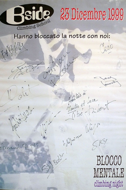 Vent'anni senza scendere, la festa del boulder al Bside - Locandina del Primo blocco mentale ('99)  uno dei primi grandi eventi organizzati in una palestra, (Lombard, Petit, Tribou Core, Calibani) alcuni dei nomi presenti ad una delle prime gare autocertificate