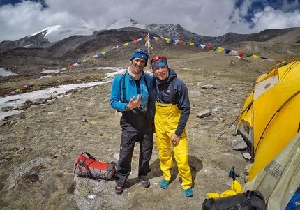 Hervè Barmasse, David Goettler, Shisha Pangma - Hervè Barmasse and David Goettler at Base Camp after having climbed the SW Face of Shisha Pangma in 13 hours (note the rucksacks used for the ascent)