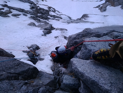 Red Devils, Aiguille du Midi, Mont Blanc, Jeff Mercier - During the first ascent of Red Devils up the NW Face of Aiguille du Midi, Mont Blanc (Jeff Mercier, David Autheman, Lucien Boucansaud, Gérémy Rakowski)