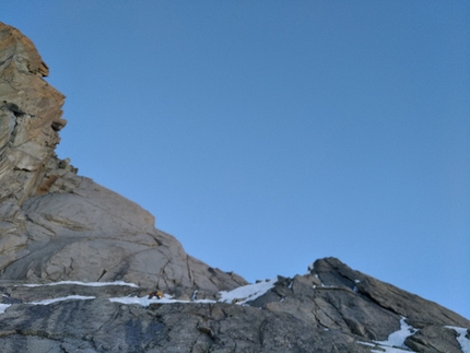 Red Devils, Aiguille du Midi, Mont Blanc, Jeff Mercier - During the first ascent of Red Devils up the NW Face of Aiguille du Midi, Mont Blanc (Jeff Mercier, David Autheman, Lucien Boucansaud, Gérémy Rakowski)