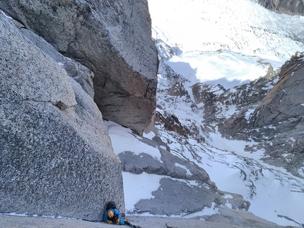 Red Devils, Aiguille du Midi, Mont Blanc, Jeff Mercier - During the first ascent of Red Devils up the NW Face of Aiguille du Midi, Mont Blanc (Jeff Mercier, David Autheman, Lucien Boucansaud, Gérémy Rakowski)