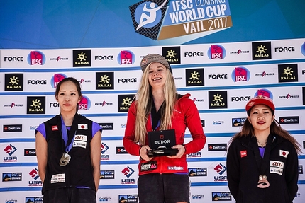 Bouldering World Cup 2017 - Women's podium of the Bouldering World Cup 2017 that took place at Vail, USA: 2. Akiyo Noguchi 1. Shauna Coxsey 3. Miho Nonaka