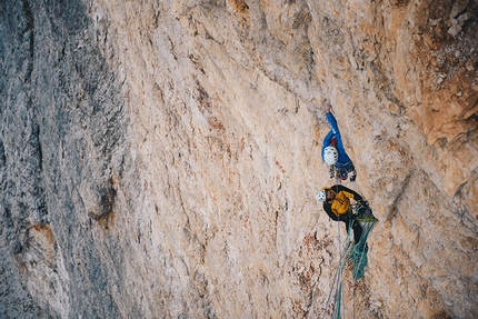 Cima Scotoni, Fanis, Dolomites, Nicola Tondini, Non abbiate paura... di sognare - Nicola Tondini and Lorenzo d'Addario making the first ascent of 'Non abbiate paura... di sognare', Cima Scotoni, Dolomites