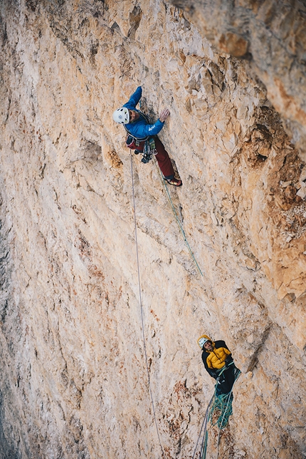 Cima Scotoni, Fanis, Dolomites, Nicola Tondini, Non abbiate paura... di sognare - Nicola Tondini and Lorenzo d'Addario making the first ascent of 'Non abbiate paura... di sognare', Cima Scotoni, Dolomites