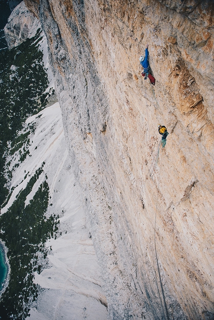 Cima Scotoni, Fanis, Dolomites, Nicola Tondini, Non abbiate paura... di sognare - Nicola Tondini and Lorenzo d'Addario making the first ascent of 'Non abbiate paura... di sognare', Cima Scotoni, Dolomites