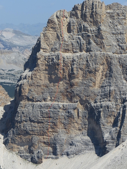 Cima Scotoni, Fanis, Dolomites, Nicola Tondini, Non abbiate paura... di sognare - The route line of 'Non abbiate paura... di sognare', Cima Scotoni, Dolomites, established by Nicola Tondini