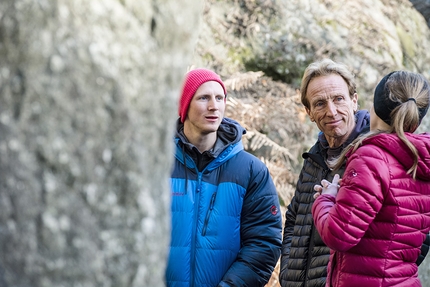 C'était demain, Fontainebleau, boulder, Jacky Godoffe, Jakob Schubert, Anna Stöhr - Jacky Godoffe, Jakob Schubert and Anna Stöhr below C'était demain 8A at Fontainebleau in France