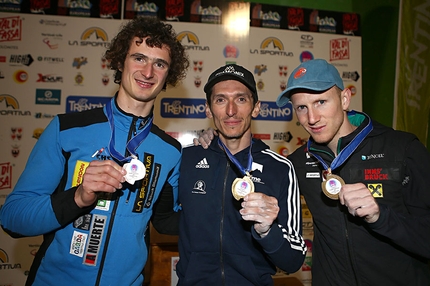 European Climbing Championships, Campitello di Fassa - Male podium of the European Lead Championship at Campitello di Fassa: : 2. Adam Ondra 1. Romain Desgranges 3. Jakob Schubert