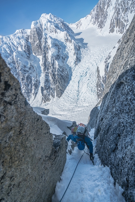 Mount Huntington, Alaska, Clint Helander, Jess Roskelley - Jess Roskelley and Clint Helander making the first ascent of the South Ridge of Mount Huntington, Alaska