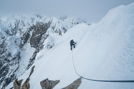 Mount Huntington, Alaska, Clint Helander, Jess Roskelley - Jess Roskelley making the first ascent of the South Ridge of Mount Huntington, Alaska together with Clint Helander