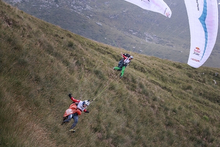 Red Bull X-Alps 2017 - Stanislav Mayer (CZE) and Pascal Purin (AUT3) take off during the Red Bull X-Alps in Garzeno, Italy on July 10, 2017