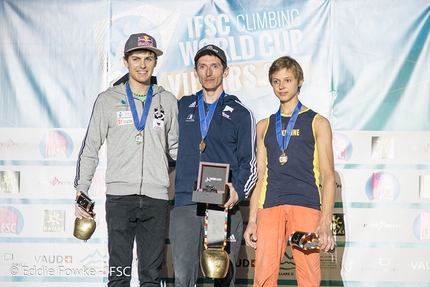 Lead Climbing World Cup 2017, Villars - Male podium of the first stage of the Lead World Cup 2017 at Villars in Switzerland: 2. Domen Skofic 1. Romain Desgranges 3. Fedir Samoilov