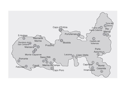 Isola d'Elba, Toscana, camminare - La mappa delle passeggiate adatte per camminare con i bambini sull'Isola d'Elba. 1 - Portoferraio 2 - Capo d'Enfola 3 - Da Biodola a Procchio 4 - Biodola, sentiero salute 5 - Monte Capanne per tutti: salita con la cestovia 6 - Monte Capanne discesa a piedi 7 - Marciana, Romitorio di San Cerbone 8 - Marciana, una finestra sul mare 9 - Sentiero delle farfalle 10 - Sant'Andrea un gioiello nascosto 11 - Da Pomonte a Fetovaia: sentiero delle essenze 12 - Da Fetovaia a Cavoli : sentiero delle essenze 13 - Sassi ritti la Stonenge elbana 14 - Pietra murata: le costruzioni dei pastori 15 - Il sentiero del granito 16 - Marina di Campo 17 - Faro di Capo Poro 18 - Capo Stella 19 - Dune di Lacona 20 - Capoliveri 21 - Anello del Monte Calamita 22 - Porto Azzurro 23 - La terra che brilla, da Porto Azzurro al lago di Terranera 24 - Rio Marina e Parco minerario 25 - Torre del Giove 26 - Castello del Volterraio 27 - Capo bianco e Padulella: le spiagge bianche 28 - L'acquario dell'Elba 29 - Miniere di Calamita: 3 chilometri a piedi sottoterra. 30 - Il Parco minerario in trenino