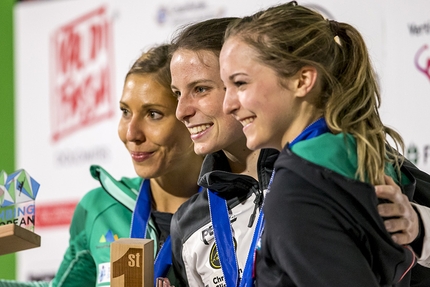 Campitello di Fassa, European Climbing Championships 2017, Ralf Brunel - Female podium of the European Lead Climbing Championship 2017 at Campitello, Italy: Mina Markovic, Anak Verhoeven, Jessica Pilz