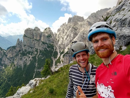 Siebe Vanhee, Frederik Leys, Don Quixote, Marmolada, Dolomiti - Frederik Leys e Siebe Vanhee dopo la loro ripetizione della 'Via Decima' in Moiazza