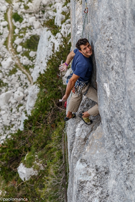 Nevee Outdoor Festival 2017, Sella Nevea - Andrea Salvadori in arrampicata nella nuova falesia Il Manicomio sul Monte Bila Pec