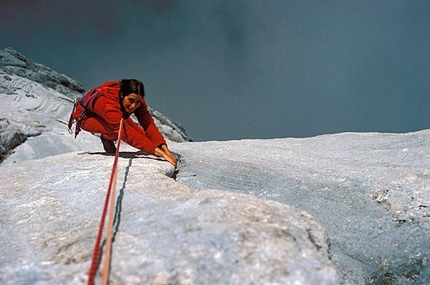 Tempi Moderni, Marmolada, Dolomites - Luisa Iovane making the historic first ascent in 1982 with Heinz Mariacher of Tempi Moderni, Marmolada South Face, Dolomites