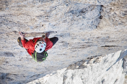 Hansjörg Auer, Marmolada, Piz Ciavazes, Sass dla Crusc, Dolomites - Hansjörg Auer free solo climbing the last hard pitch of the Vinatzer / Messner route on the South Face of the Marmolada.