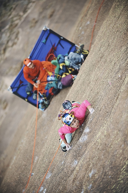 Sasha DiGiulian, Tsaranoro Atsimo, Madagascar - Sasha DiGiulian belayed by Edu Marin climbing Mora Mora (5.14b, 8c), Tsaranoro, Madagascar