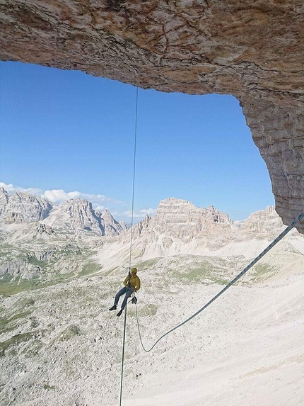 Cima Ovest di Lavaredo, Tre Cime di Lavaredo, Dolomites - Jacek Matuszek and Łukasz Dudek on the exposed crux pitches of Project Fear on Cima Ovest di Lavaredo, Dolomites (08/2017)