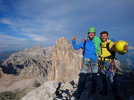 Cima Ovest di Lavaredo, Tre Cime di Lavaredo, Dolomites - Jacek Matuszek and Łukasz Dudek on the summit of Cima Ovest di Lavaredo, Dolomites after having repeated  Project Fear (08/2017)