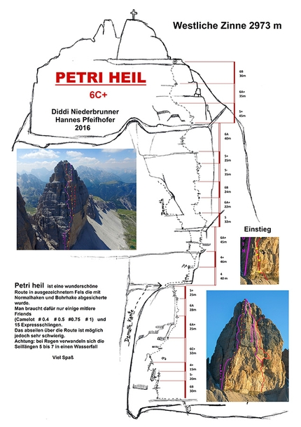 Cima Ovest di Lavaredo, Dolomiti, Petri Heil, Hannes Pfeifhofer, Dietmar Niederbrunner - Il disegno della via Petri Heil, Cima Ovest di Lavaredo, Dolomiti (6c+, 590 metri, Hannes Pfeifhofer, Dietmar Niederbrunner 2016)