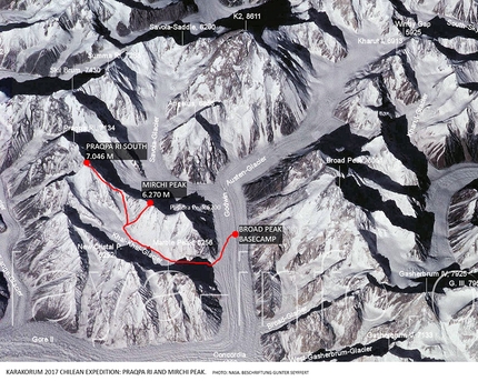 Praqpa Ri, Norit Peak, Karakorum, Andrés Bosch, Alejandro Mora, Armando Montero - La mappa della zona del K2 e Broad Peak con le montagne Norit Peak e Praqpa Ri sopra il ghiacciaio Khalkhal, salite da Andrés Bosch, Alejandro Mora e Armando Montero