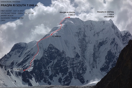 Praqpa Ri, Norit Peak, Karakorum, Andrés Bosch, Alejandro Mora, Armando Montero - Praqpa Ri South, Cresta Sud (TD+, 1500m, M3, 50-90°,  Andrés Bosch, Alejandro Mora, 14/07/2017)