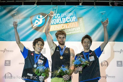 Bouldering World Cup 2017 - Male podium of the Bouldering World Cup 2017 in Munich:  2. Tomoa Narasaki 1. Jan Hojer 3. Taisei Ishimatsu