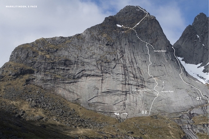 Loften, climbing, Norway, Guille Cuadrado, Gerber Cucurell, Pau Gómez, Jordi Esteve, Felix Queipo - Lofoten Islands: Marklitinden South face. 01. Right Pillar (400m 5, Jordi Esteve, Pau Gómez, 06/2016). 02. Sjømann (450m 6, Felix Queipo, Gerber Cucurell  06/2016)