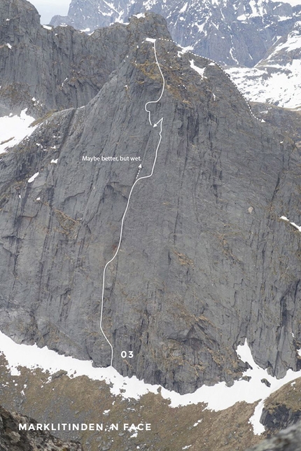 Loften, climbing, Norway, Guille Cuadrado, Gerber Cucurell, Pau Gómez, Jordi Esteve, Felix Queipo - Lofoten Islands: Markitinden N Face, North Dihedral (450m 7/A1, first ascent: unknown. Jordi Esteve and Guille Cuadrado climbed this line in 06/2017)