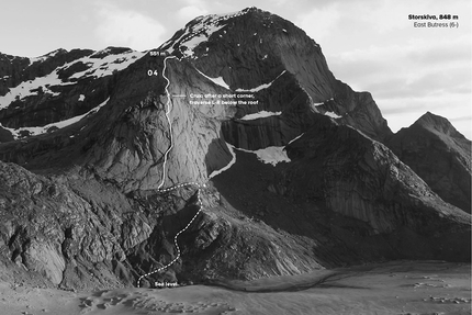 Loften, climbing, Norway, Guille Cuadrado, Gerber Cucurell, Pau Gómez, Jordi Esteve, Felix Queipo - Lofoten Islands: Storskiva East Butress (848m 6-, Jordi Esteve, Pau Gómez and Gerber Cucurell, 06/2017)