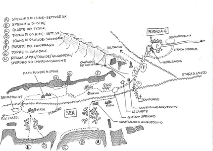 Vallone di Sea, Val Grande di Lanzo, Piemonte - La mappa dei settori d'arrampicata in Vallone di Sea