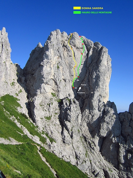 Torrione Cecilia, Grigna, Giovanni Chiaffarelli, Federico Montagna, Luca Bozzi - Il tracciato di Donna Sandra (7a, 105m, Giovanni Chiaffarelli, Federico Montagna 2016) e Mauro delle montagne (6c+, 80m, Giovanni Chiaffarelli, Luca Bozzi, Federico Montagna 12-13/8/2017) al Torrione Cecilia, Grigna