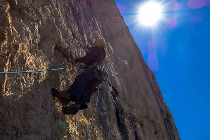 Hakuna Matata, Taè, Dolomites, Lisi Steurer, Hannes Pfeifhofer - While making the first ascent of Hakuna Matata (8a, 400m), Taè South Face, Dolomites