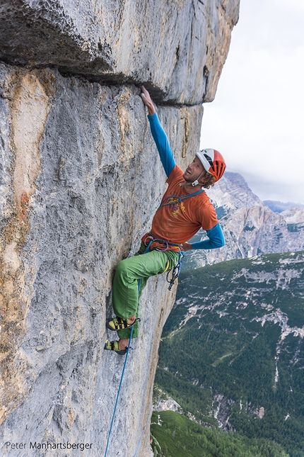 Hakuna Matata, Taè, Dolomites, Lisi Steurer, Hannes Pfeifhofer - Hannes Pfeifhofer climbing Hakuna Matata (8a, 400m), Taè South Face, Dolomites