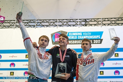 Mondiali Giovanili di arrampicata Speed, Innsbruck - Jacopo Stefani Campione del Mondo Speed nella categoria Youth B (Under 16). Anton Kulba, secondo, Evgeny Kuzin, terzo