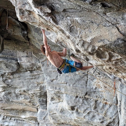 Adam Ondra, Silence, 9c, Flatanger, Hanshellern, Norway - Adam Ondra working the crux section of what has become 'Silence', the hardest sport climb in the world and the world's first 9c