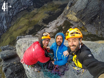 Peru, Iker Pou, Eneko Pou, Manu Ponce, Pedro Galán - On the summit of the route Zerain (8a/860 m) in the Quebrada Rurec valley