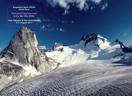 Bugaboos Spire, Vlad Capusan, Tom Schindfissel - La linea di Tutti Frutti Summer Love, Bugaboos Spire (5.11+, A3, 17 pitches, 610m, Vlad Capusan, Tom Schindfissel 08-11/08/2017)