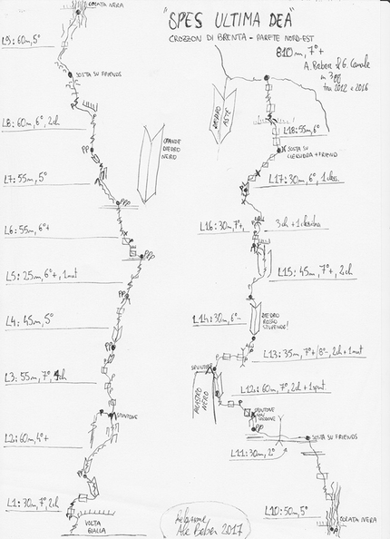 Spes Ultima Dea, Crozzon di Brenta, Brenta Dolomites, Alessandro Beber, Gianni Canale  - The route topo of Spes Ultima Dea, Crozzon di Brenta, Dolomiti di Brenta (VII+, 810m, Alessandro Beber & Gianni Canale 2012 -2016)