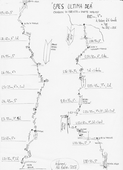 Spes Ultima Dea, Crozzon di Brenta, Brenta Dolomites, Alessandro Beber, Gianni Canale  - The route topo of Spes Ultima Dea, Crozzon di Brenta, Dolomiti di Brenta (VII+, 810m, Alessandro Beber & Gianni Canale 2012 -2016)