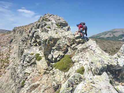 Sardinia, Monte Muru Mannu, Lino Cianciotto, Marco Marrosu - Lino Cianciotto on the more exposed upper section of the SE Ridge of Monte Muru Mannu, Sardinia