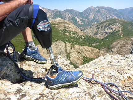 Sardinia, Monte Muru Mannu, Lino Cianciotto, Marco Marrosu - Lino Cianciotto's prothesis and the view from the summit of Monte Muru Mannu, Sardinia