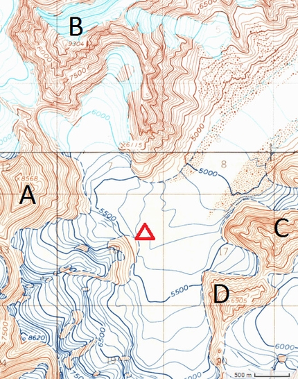 Revelation Mountains, Alaska, Gediminas Simutis, Frieder Wittmann - An overview of the south fork of the Fish glacier, Revelation Mountains, Alaska. A - Mephisto (8568); B - Obelisk (9304); C - Charlatan (7350); D - Prophet (6905). The triangle shows the base camp of Gediminas Simutis and Frieder Wittmann